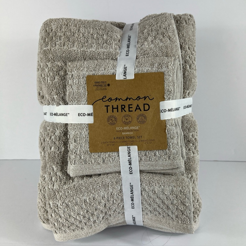 6 Pc Common Thread Eco-Melange Bamboo Towel Set Tan Bath Hand Wash NEW